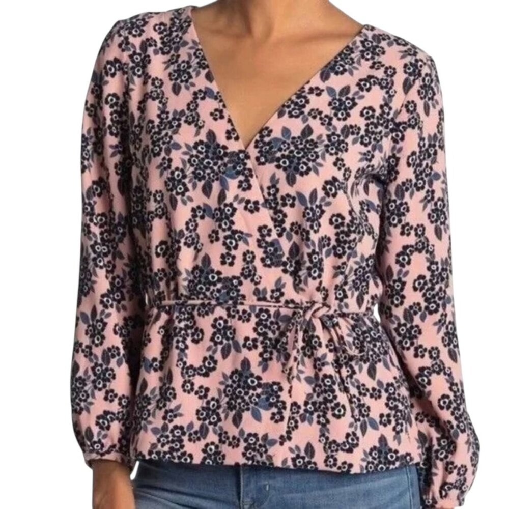 J Crew Faux Wrap Peplum Crepe Blouse Shirt Top Blush Pink Navy Floral 0